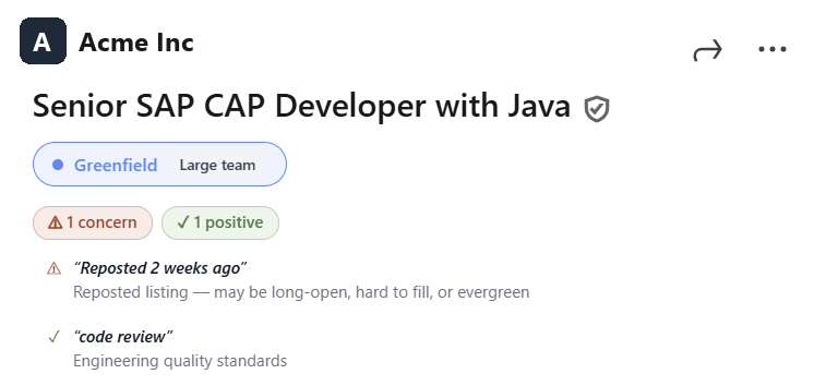 JobLens on a LinkedIn job: a Greenfield work-type badge, a '1 concern / 1 positive' summary, and flag explanations quoting 'Reposted 2 weeks ago' and 'code review'.